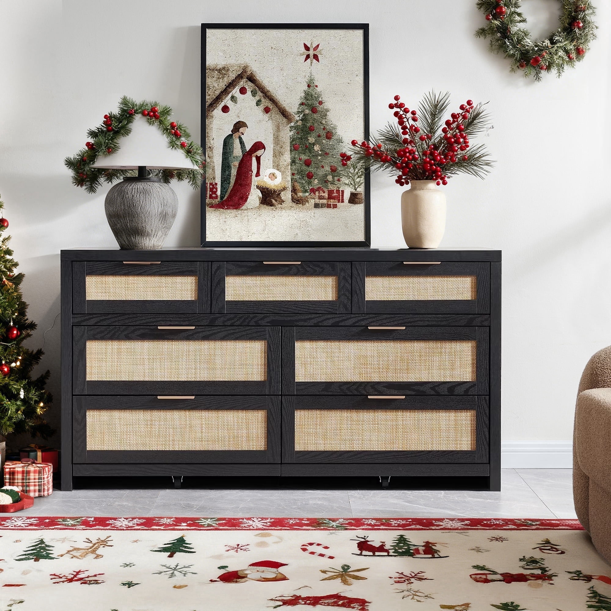 SICOTAS 56.88" Wide 7 Drawer Tall Dressers, Boho Dresser with Oversized Storage Space Rattan Dressers & Chests of Drawer Engineered Wooden Dressers for Bedroom,Black Oak