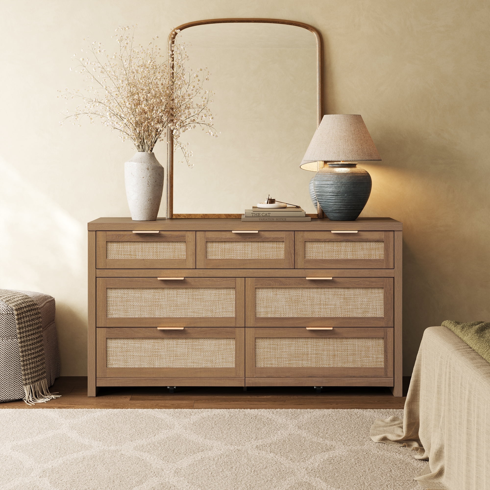 SICOTAS 56.88" Wide 7 Drawer Tall Dressers, Boho Dresser with Oversized ...