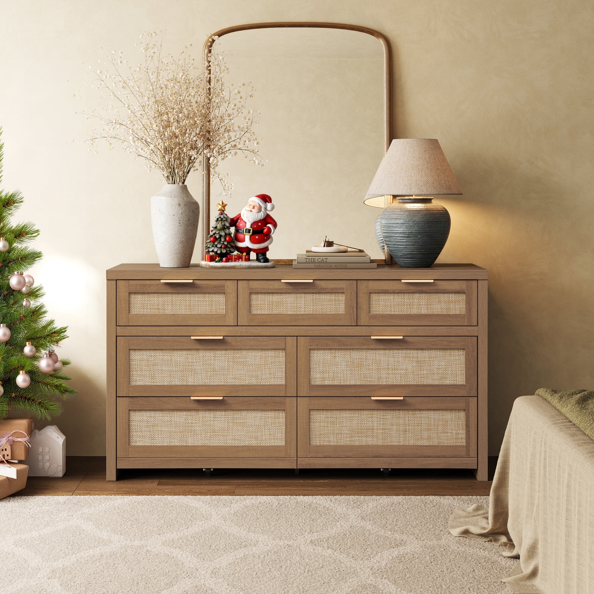 SICOTAS 56.88" Wide 7 Drawer Tall Dressers, Boho Dresser with Oversized Storage Space Rattan Dressers & Chests of Drawer Engineered Wooden Dressers for Bedroom,Reclaimed Caramel Oak