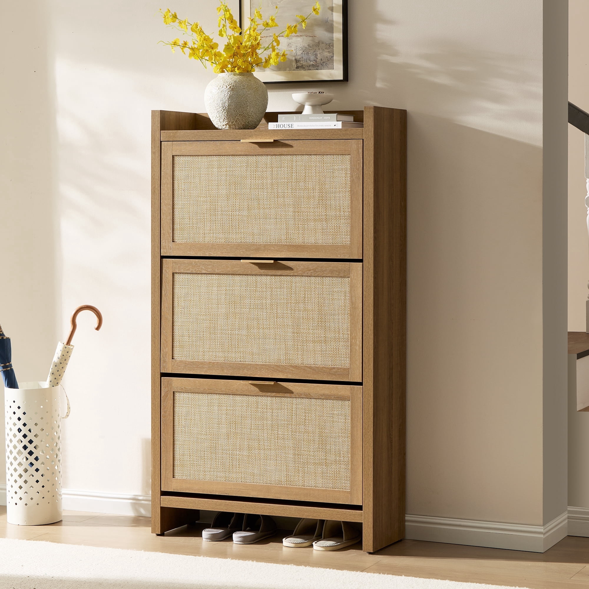 SICOTAS 57.4" Tall Shoe Cabinet with 3 Flip-Down Drawers, Boho Shoe Rack with Adjustable Shelves & Spacious Storage for Over 30 Pairs Shoes– Reclaimed Caramel Oak