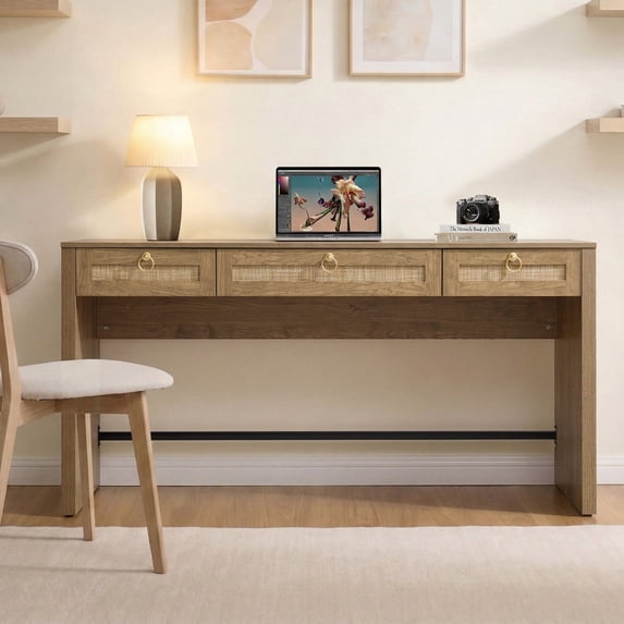 SICOTAS 59.05" W Home Office Computer Desk with Ample Storage,Boho Writing Desk with 3 Spacious Drawers & Unique Rattan Decor, Farmhouse Coastal Classic Style, Cherry Oak,