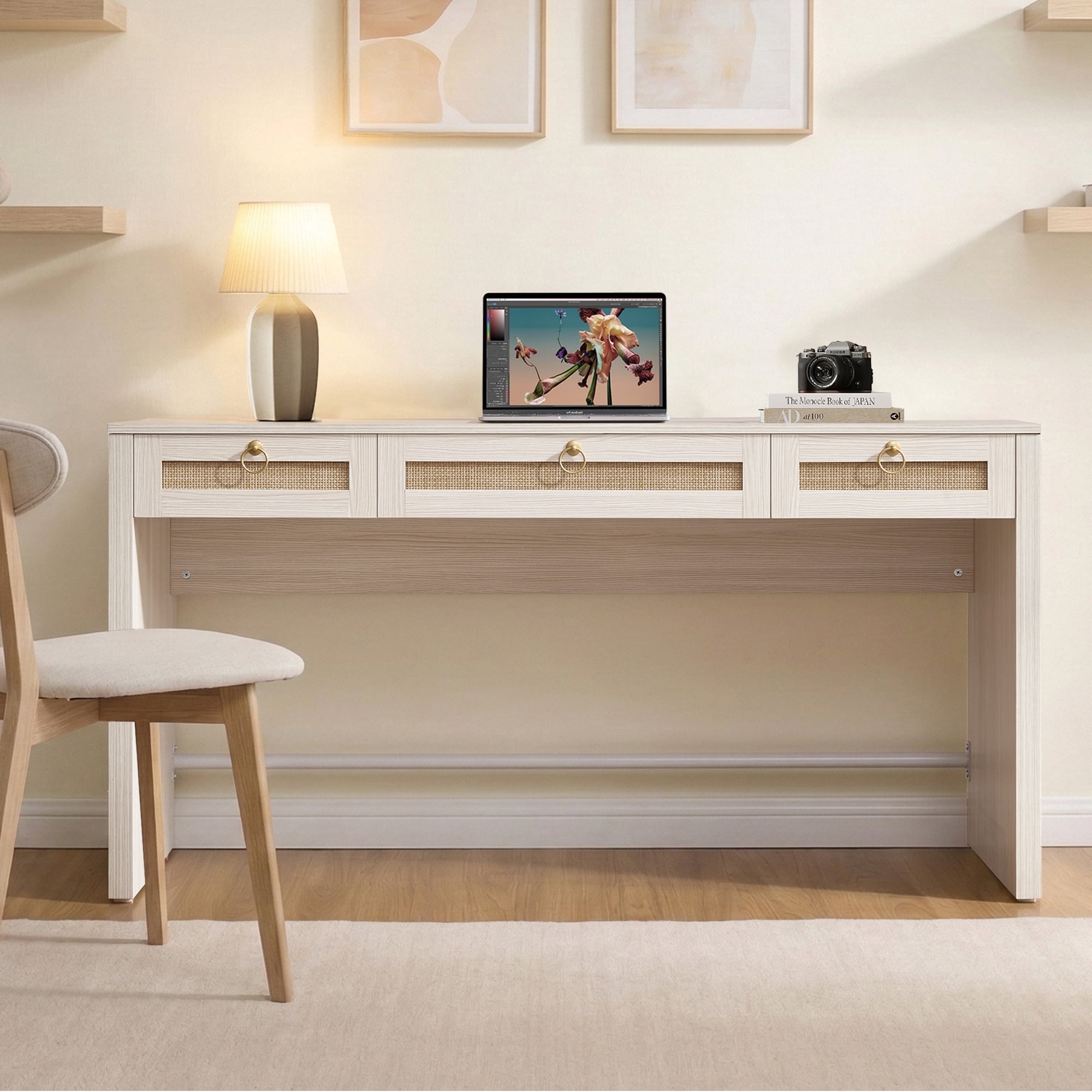 SICOTAS 59.05" W Home Office Computer Desk with Ample Storage，Boho Writing Desk with 3 Spacious Drawers & Unique Rattan Decor, Farmhouse Coastal Classic Style, Cream White