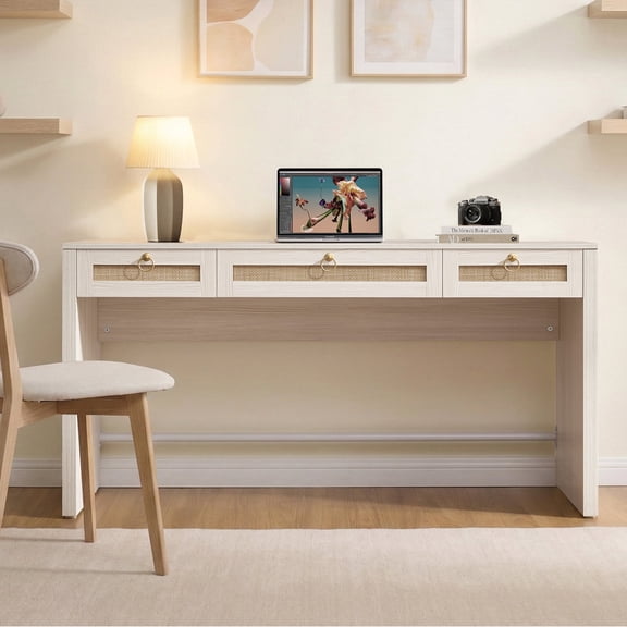 SICOTAS 59.05" W Home Office Computer Desk with Ample Storage，Boho Writing Desk with 3 Spacious Drawers & Unique Rattan Decor, Farmhouse Coastal Classic Style, Cream White