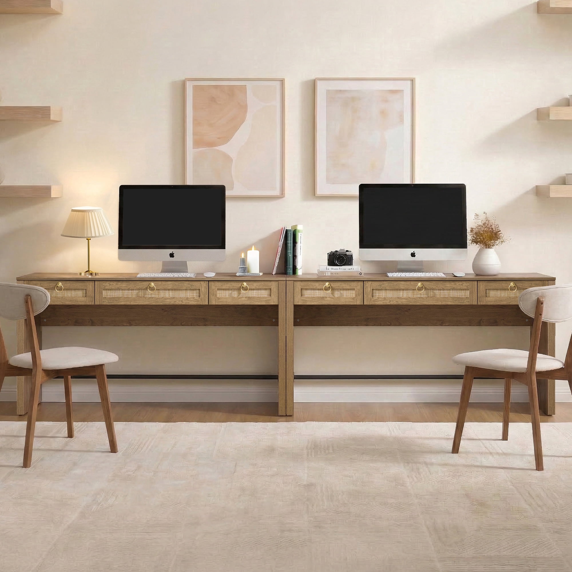 SICOTAS 59.05" W Home Office Computer Desk with Ample Storage Set of 2，Boho Writing Desk with 3 Spacious Drawers & Unique Rattan Decor, Farmhouse Coastal Classic Style, Cherry Oak,