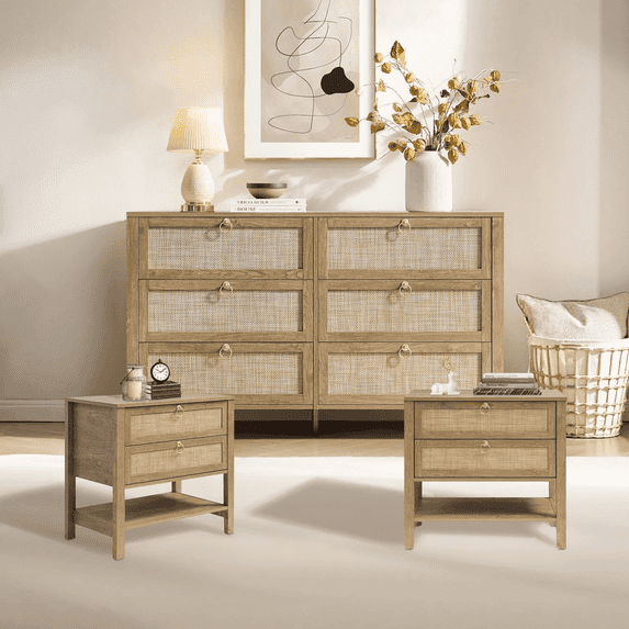 SICOTAS 6-Drawer Dresser & 2-Drawer Nightstand Set, 3-Piece Boho Bedroom Furniture Set, Cherry Oak Rattan Modern Style, Large Capacity Storage Organization