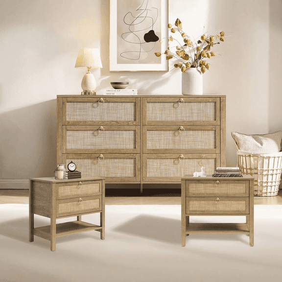 SICOTAS 6-Drawer Dresser & 2-Drawer Nightstand Set, 3-Piece Boho Bedroom Furniture Set, Cherry Oak Rattan Modern Style, Large Capacity Storage Organization