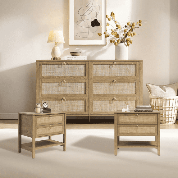 SICOTAS 6-Drawer Dresser & 2-Drawer Nightstand Set, 3-Piece Boho Bedroom Furniture Set, Cherry Oak Rattan Modern Style, Large Capacity Storage Organization