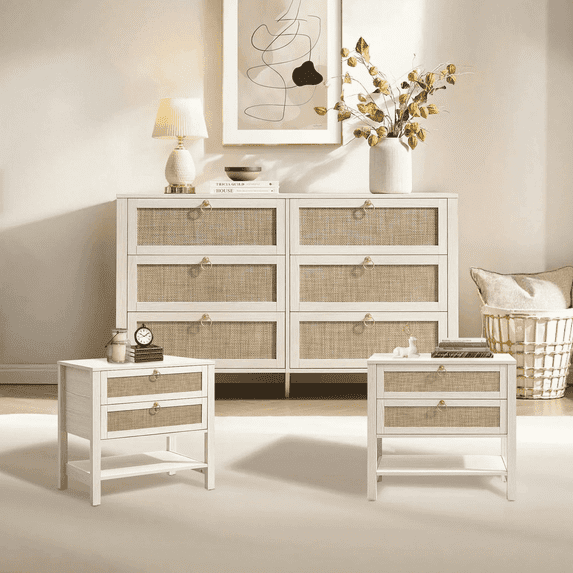 SICOTAS 3-Piece Dresser Nightstand Set, 6-Drawer Dresser & 2-Drawer Nightstand, Boho Bedroom Furniture Set, RattanCoastal Style, Large Capacity Storage Organization