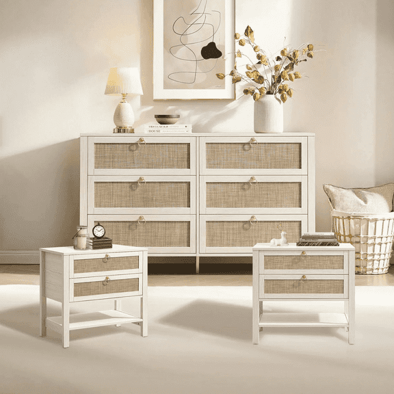SICOTAS 3-Piece Dresser Nightstand Set, 6-Drawer Dresser & 2-Drawer Nightstand,  Boho Bedroom Furniture Set, RattanCoastal Style, Large Capacity Storage Organization