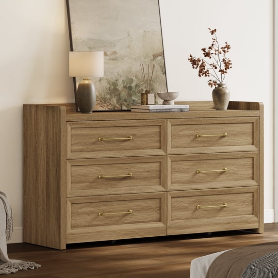 SICOTAS 56.4"W Farmhouse 6 Drawer Double Dresser, Long Chest of Drawers with Brass-tone Handles & Rolling Wheels, Wooden Dresser Storage Cabinet for Bedroom Living Room, Brown Oak