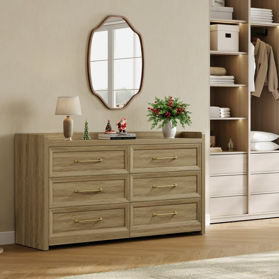 SICOTAS 56.4"W Farmhouse 6 Drawer Double Dresser, Long Chest of Drawers with Brass-tone Handles & Rolling Wheels, Wooden Dresser Storage Cabinet for Bedroom Living Room, Brown Oak