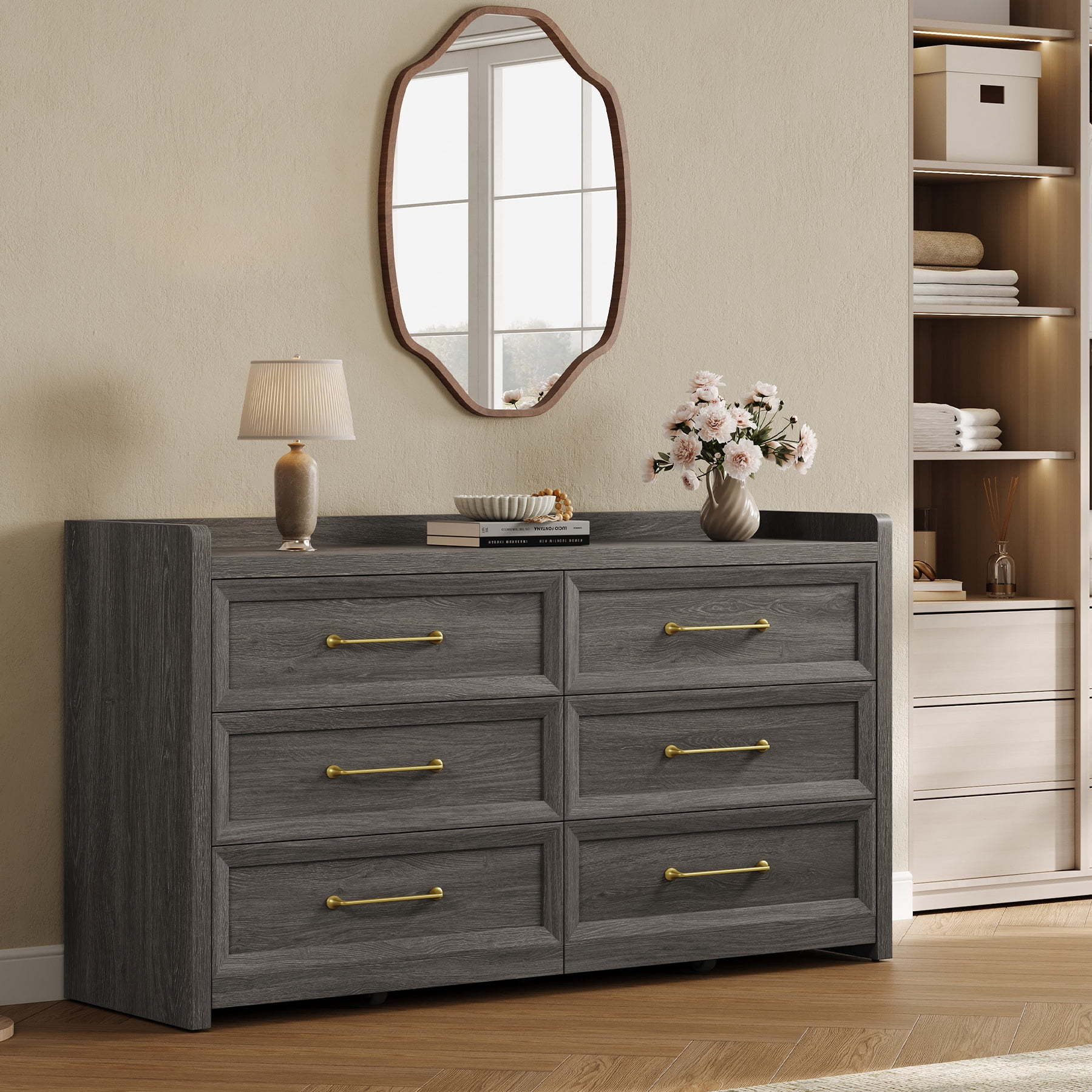 SICOTAS 56.4"W Farmhouse 6 Drawer Double Dresser, Long Chest of Drawers with Brass-tone Handles & Rolling Wheels, Wooden Dresser Storage Cabinet for Bedroom Living Room, Grey Oak