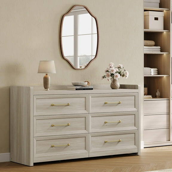 SICOTAS 56.4"W Farmhouse 6 Drawer Double Dresser, Long Chest of Drawers with Brass-tone Handles & Rolling Wheels, Wooden Dresser Storage Cabinet for Bedroom Living Room, White Oak