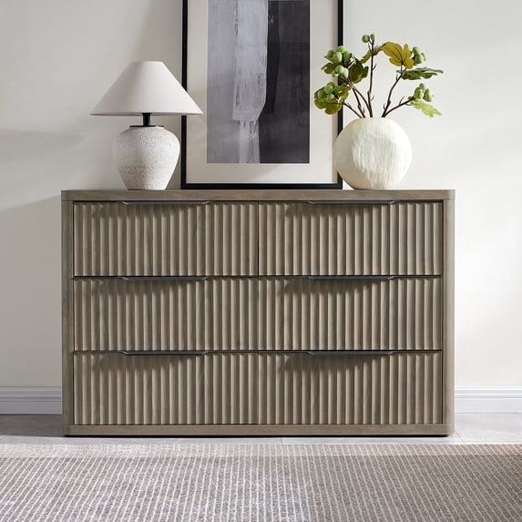 SICOTAS 53.5" Wide 6 Drawer Dresser for Bedroom, Farmhouse Chest of Drawers with Black Handles, Fluted Wood Storage Cabinet for Living Room, Grey