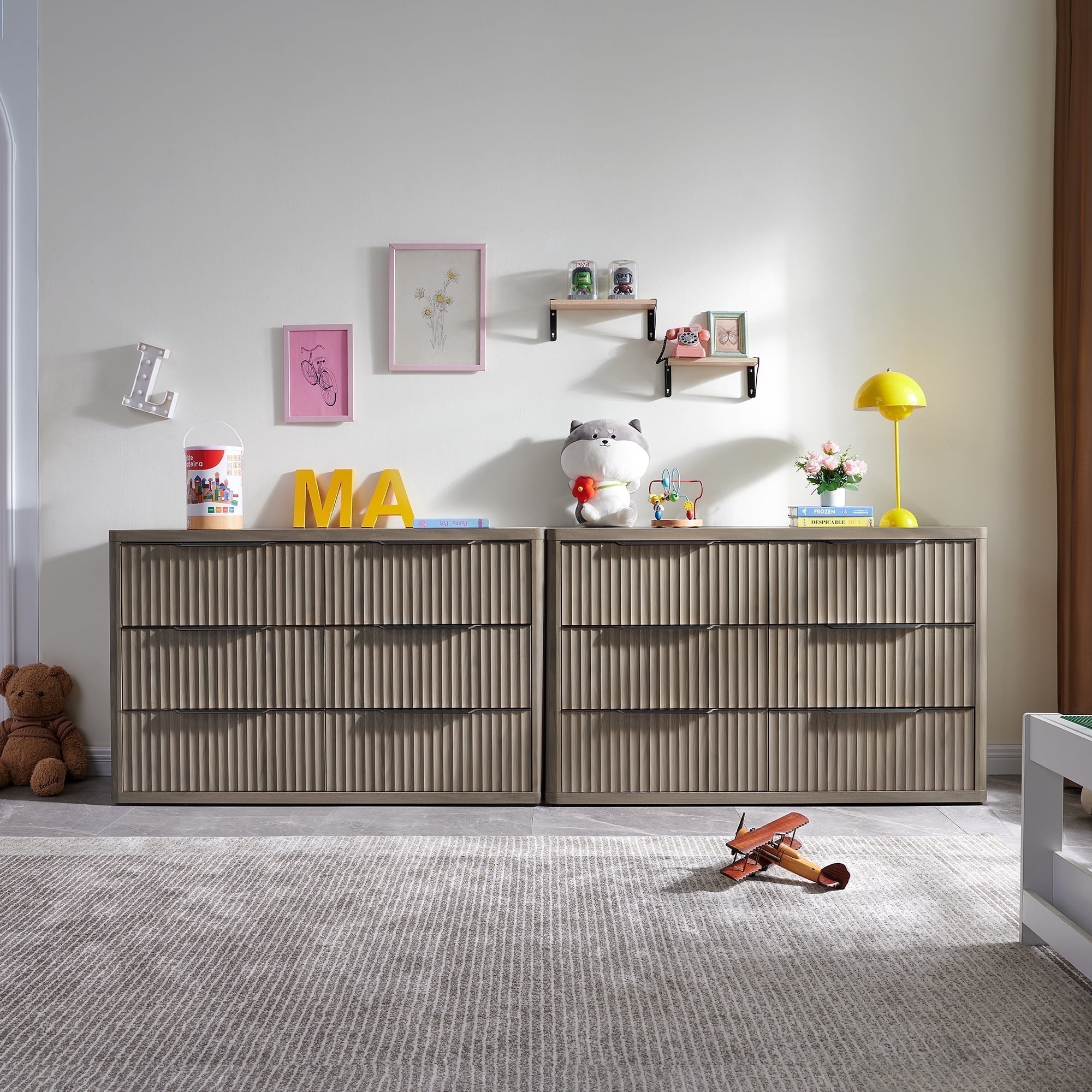 SICOTAS 53.5" Wide 6 Drawer Dresser for Bedroom Set of 2, Farmhouse Chest of Drawers with Black Handles, Fluted Wood Storage Cabinet for Living Room, Grey Alder