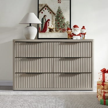 SICOTAS 53.5" Wide 6 Drawer Dresser for Bedroom, Farmhouse Chest of Drawers with Black Handles, Fluted Wood Storage Cabinet for Living Room, Light Grey