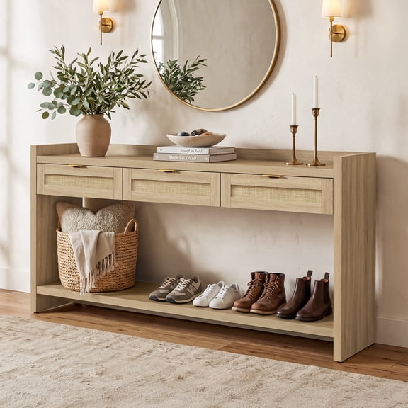 SICOTAS 60" Wide Rattan Console Table with 3 Drawers –Boho Farmhouse Coastal Entryway Table for Living Room, Hallway, Behind Sofa – Anti-Slip Raised Edge & Large Open Shelf – Reclaimed Light Oak