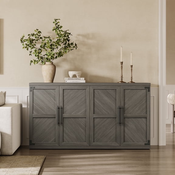SICOTAS 61.3"W Buffet Cabinet with Storage– Modern Sideboard Oversized Credenza with 4 Adjustable Shelves&Doors Mid-Century Storage Cabinet for Kitchen Living Room Dinding Room– Ash Gray