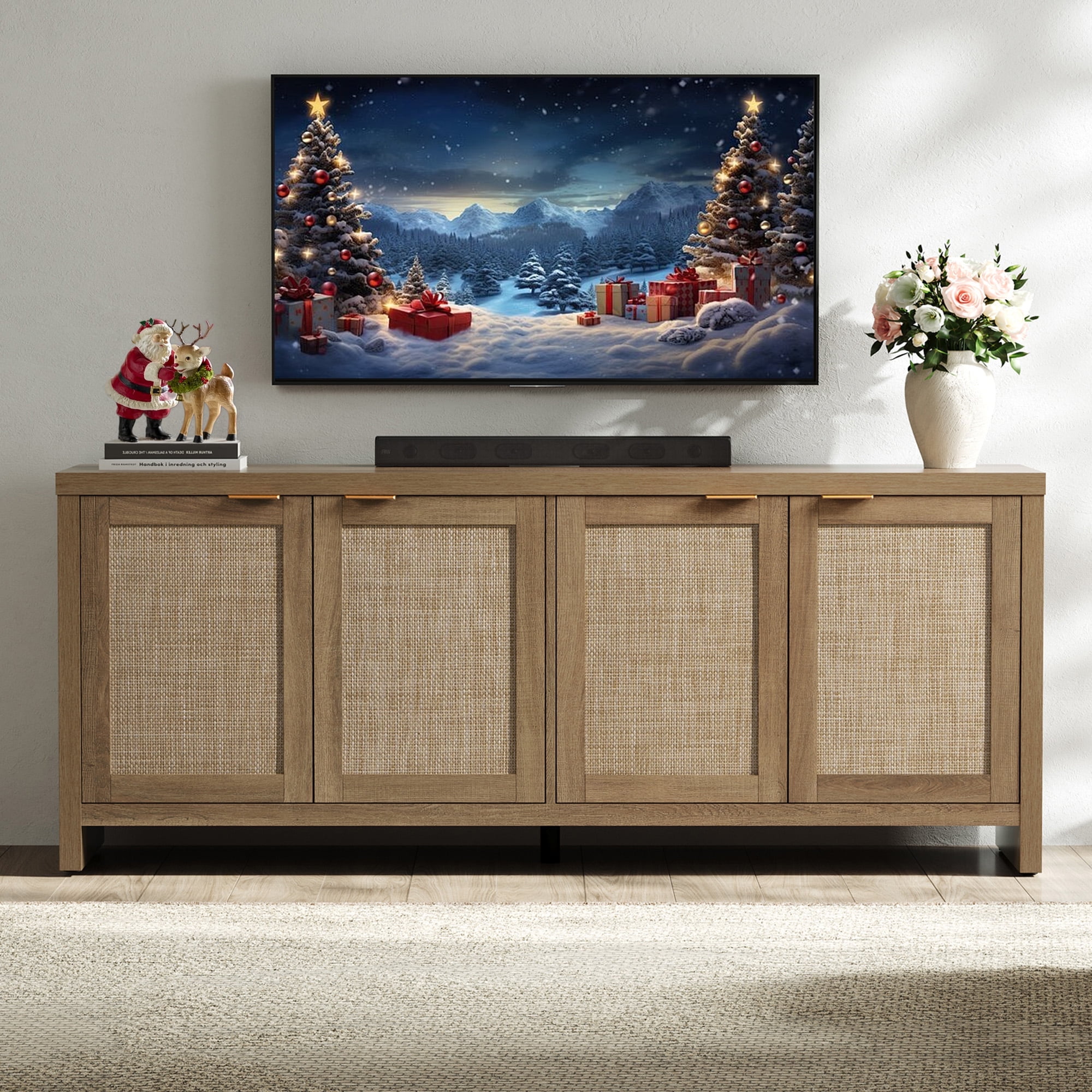 SICOTAS 61.5"W Rattan TV Stand with 4 Doors, Boho Entertainment Center with Adjustable Shelves & Spacious Countertop – Large Boho Farmhouse Media Console for Living Room, Reclaimed Caramel Oak