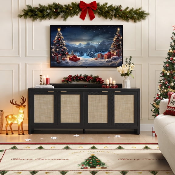SICOTAS 61.5"W Rattan TV Stand with 4 Doors– Large Boho Farmhouse TV Cabinet Media Console with Height-Adjustable Shelves & Spacious Countertopfor Living Room, Black Oak