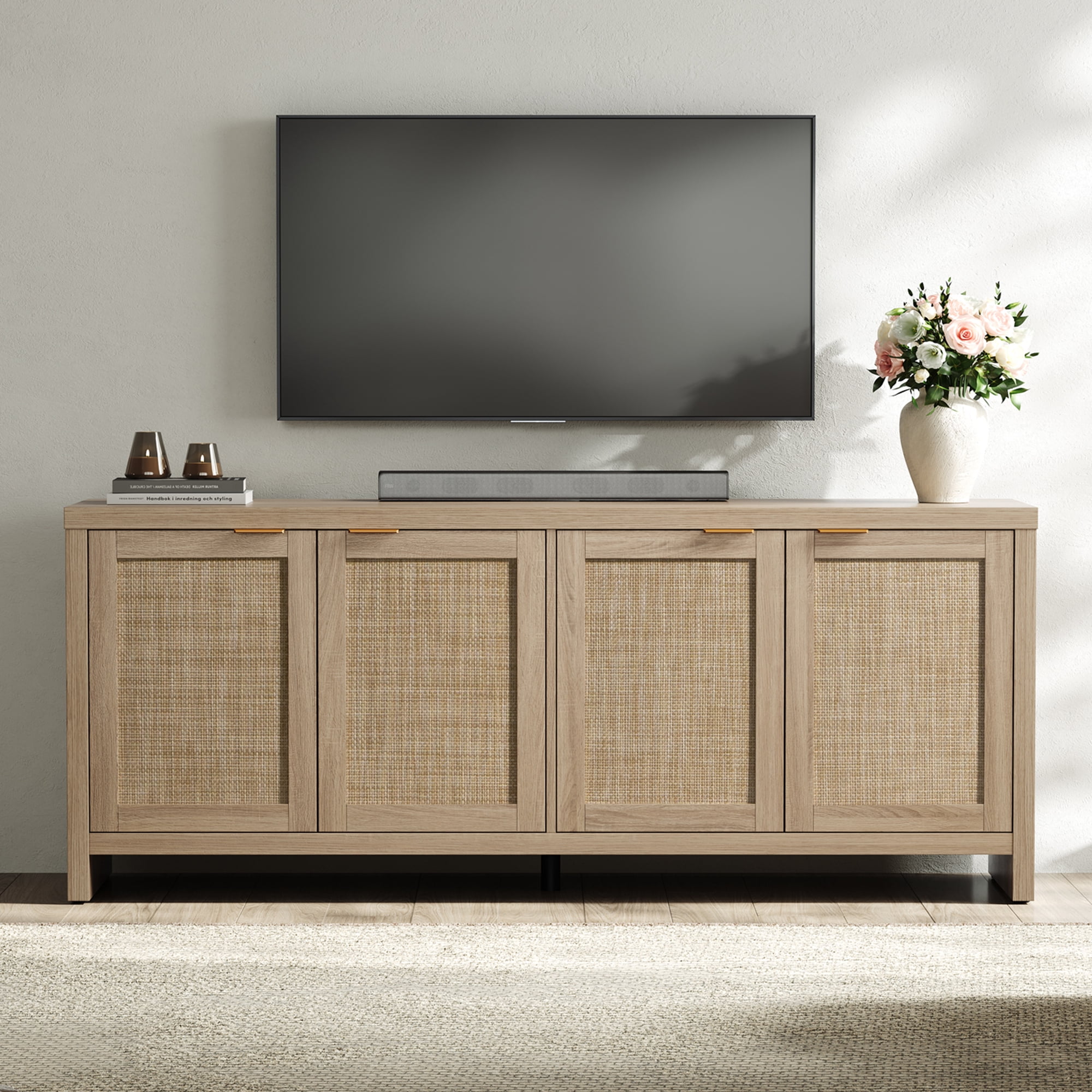 SICOTAS 61.5"W Rattan TV Stand with 4 Doors– Large Boho TV Cabinet Media Console with Adjustable Shelves & 4 Rattan Doors for 45/50/55/60/65 Inch Television , Reclaimed Light Oak - Walmart.com
