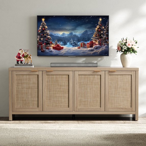 SICOTAS 61.5"W Rattan TV Stand with 4 Doors– Large Boho TV Cabinet Media Console with Adjustable Shelves & 4 Rattan Doors for 45/50/55/60/65 Inch Television , Reclaimed Light Oak