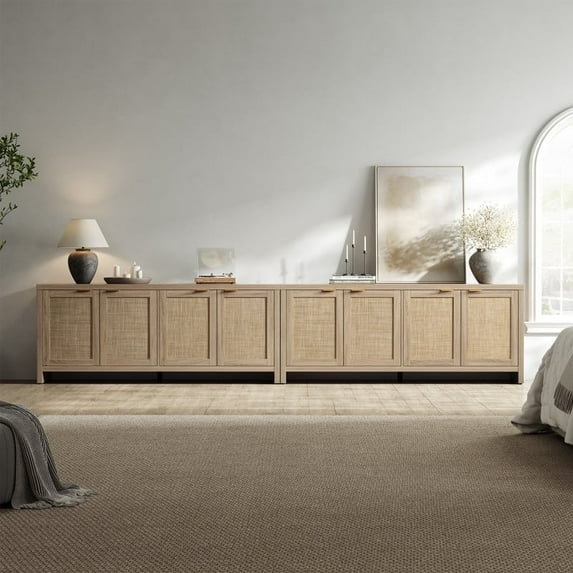 SICOTAS 61.5"W Rattan TV Stand Set of 2 with 4 Doors– Large Boho Farmhouse TV Cabinet Media Console with Height-Adjustable Shelves & Spacious Countertopfor Living Room, Reclaimed Light Oak