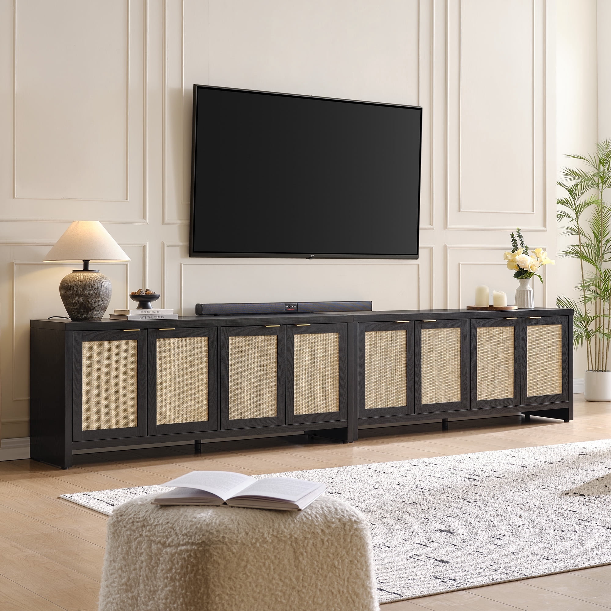 SICOTAS 61.5"W Rattan TV Stand Set of 2 with 4 Doors– Large Boho Farmhouse TV Cabinet Media Console with Height-Adjustable Shelves & Spacious Countertopfor Living Room, Black Oak