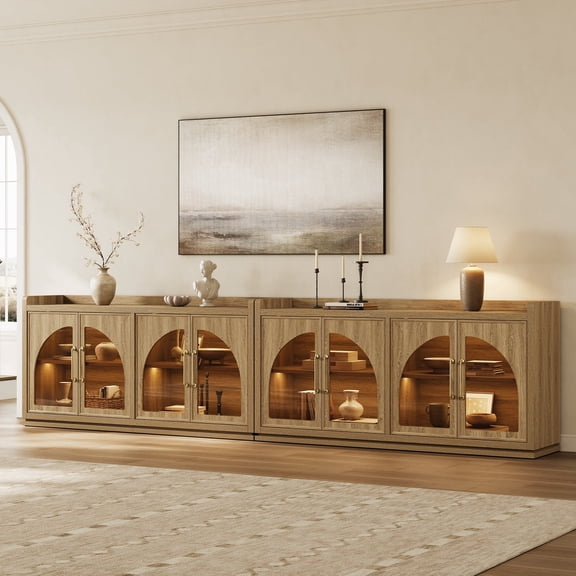 SICOTAS 61.7" W Large Accent Display Cabinet Set of 2 with Arched Glass Doors & Motion Sensor LED Lights, Farmhouse Sideboard Buffet Cabinet, TV Console Table for Living Room, Dining Room, Brown Oak