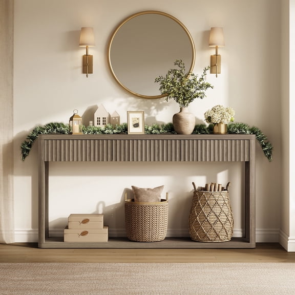 SICOTAS 61 inch Long Console Table with 3 Large Drawers, Modern Fluted Sofa Table Behind Couch with Open Storage Shelf, Entryway Table for Living Room, Hallway, Foyer, Grey Alder
