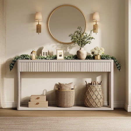 SICOTAS 61 inch Long Console Table with 3 Large Drawers, Modern Fluted Sofa Table Behind Couch with Open Storage Shelf, Entryway Table for Living Room, Hallway, Foyer, Light Grey Alder