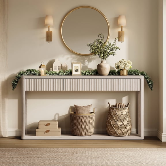 SICOTAS 61 inch Long Console Table with 3 Large Drawers, Modern Fluted Sofa Table Behind Couch with Open Storage Shelf, Entryway Table for Living Room, Hallway, Foyer, Light Grey Alder