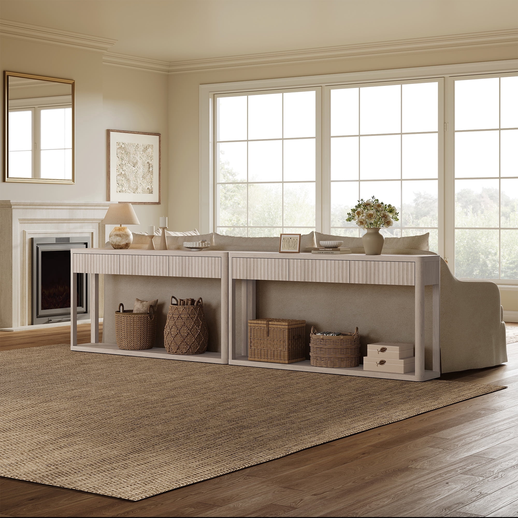 SICOTAS 61 inch Long Console Table Set of 2 with 3 Large Drawers, Modern Fluted Sofa Table Behind Couch with Open Storage Shelf, Entryway Table for Living Room, Hallway, Foyer, Light Grey Alder