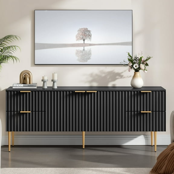 SICOTAS Modern Fluted TV Stand for TVs up to 70", High Glossy Entertainment Center with 2 Storage Cabinets & 4 Drawers, Tall Media Console Table for Living Room, Black
