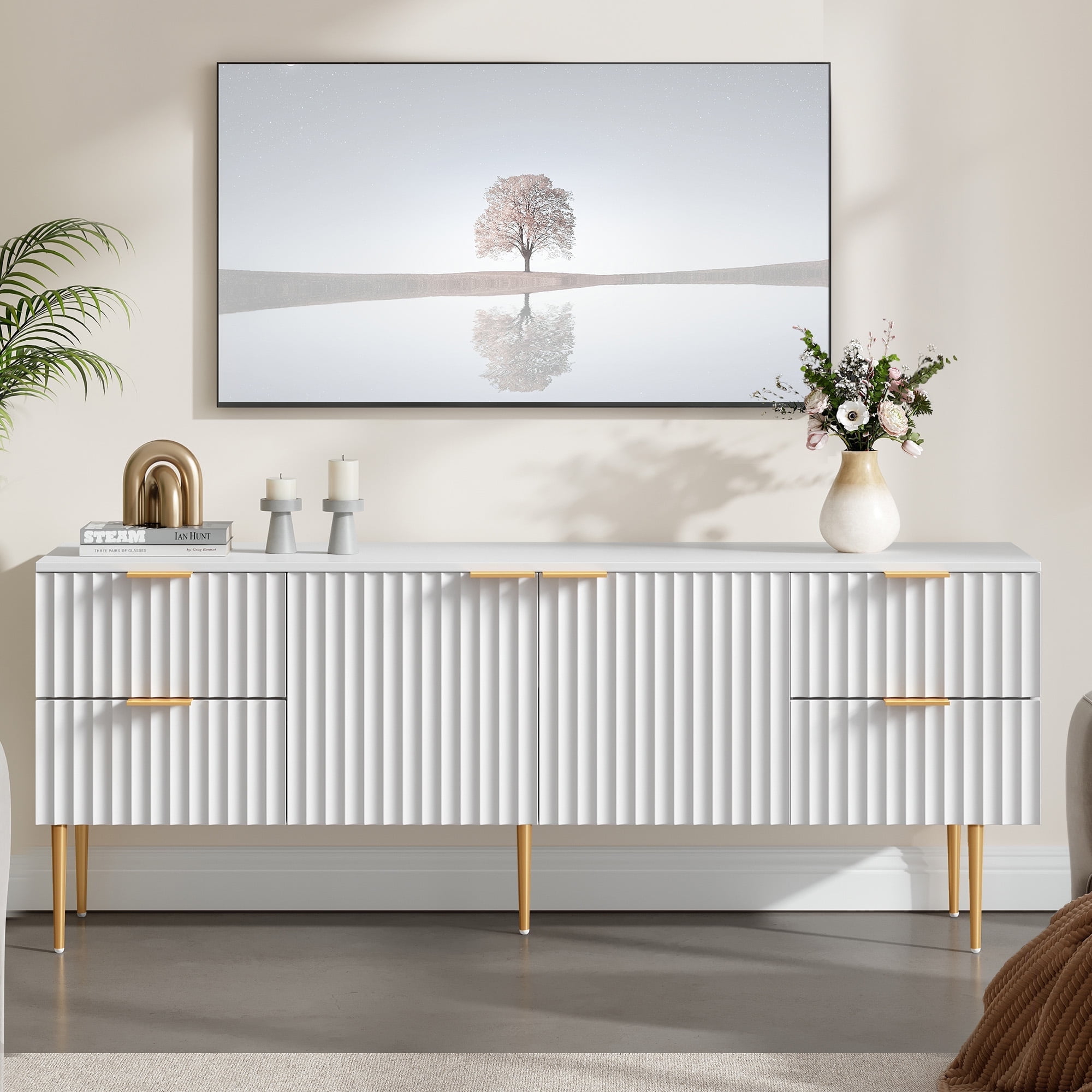 SICOTAS Modern Fluted TV Stand for TVs up to 70", High Glossy Entertainment Center with 2 Storage Cabinets & 4 Drawers, Tall Media Console Table for Living Room, White