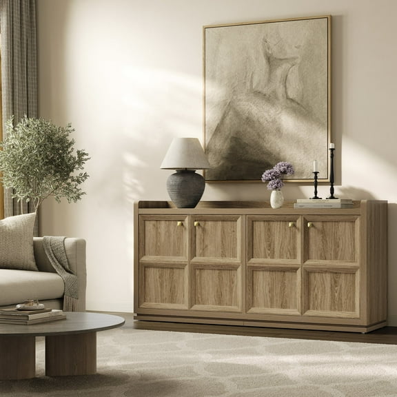 SICOTAS 62"W Large Sideboard Buffet Cabinet with 4 Doors, Farmhouse Kitchen Credenza with Adjustable Shelves, Console Cabinet, Sideboard TV Stand for Living Room, Brown Oak