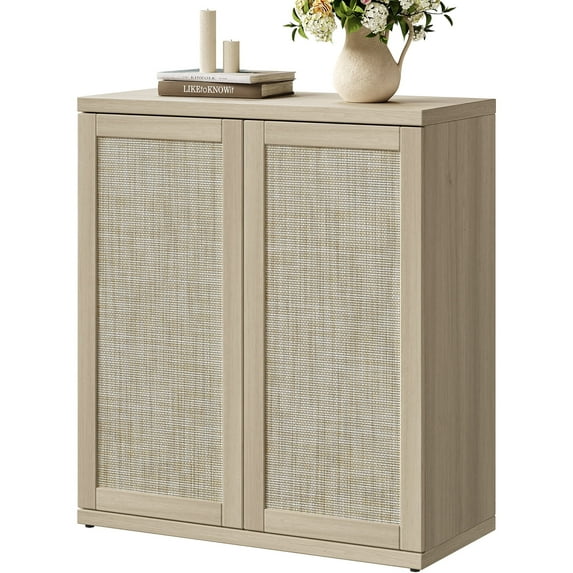 SICOTAS 30.51"W Modular Rattan Sideboard Buffet Cabinet with Adjustable Shelves & Pop-Up Door, Modern Farmhouse Credenza for Dining Room, Hallway & Foyer, Sand Oak
