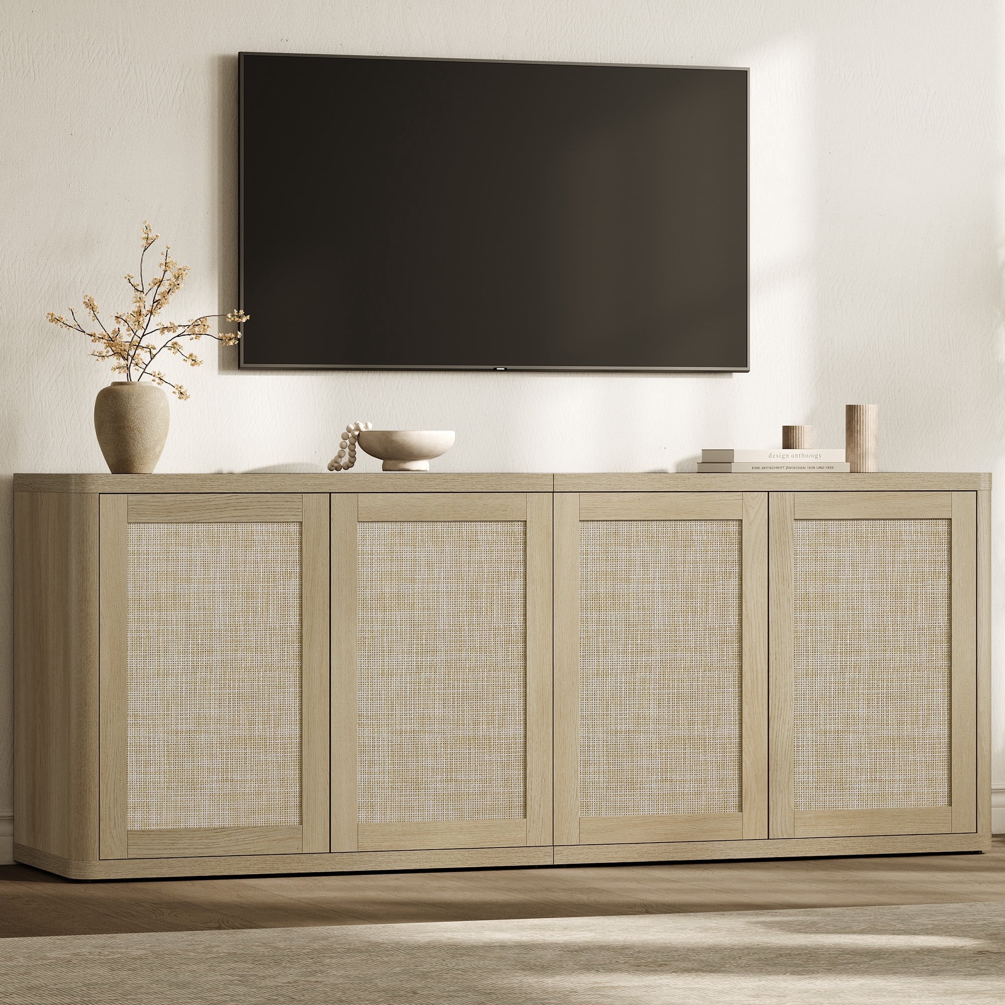 SICOTAS 64" Boho TV Stand Cabinet for TVs up to 75", Rattan TV Media Console Table with 4 Doors & 2 Adjustable Shelves, Large Curved Farmhouse Tall Entertainment Center for Living Room, Light Oak