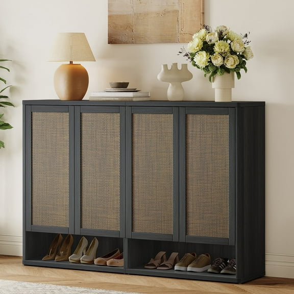 SICOTAS 65.6"W Large Boho Shoe Storage Cabinet with Doors, Rattan 5-Tier Tall Shoe Organizer Cabinet with Adjustable Shelves, Modular Shoe Cabinet up to 40 Pcs for Entryway, Living Room, Black Oak