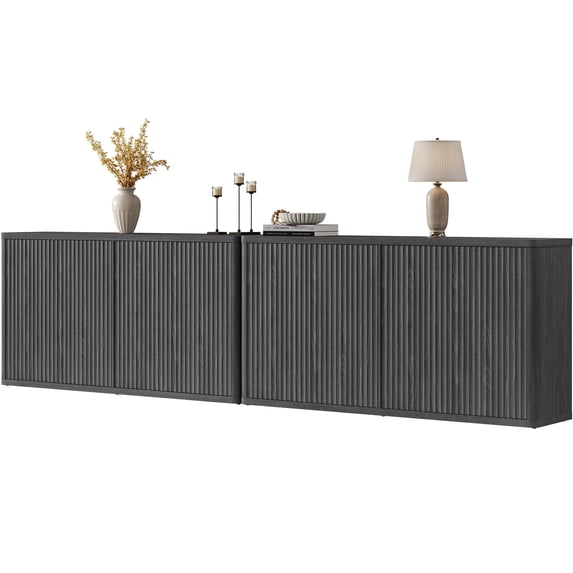 SICOTAS 132.6"W Large Kitchen Sideboard Buffet Cabinet with 4 Fluted Doors & Adjustable Shelves, Console Cabinet Set of 2 with Storage for Living Room, Coffee Bar Station for Dining Room, Black