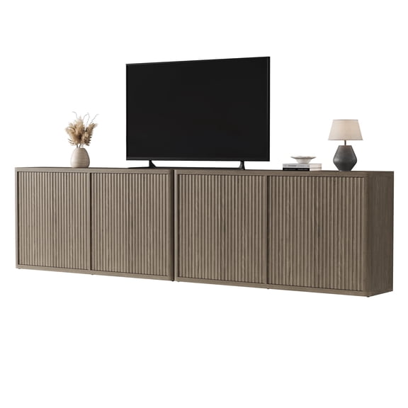 SICOTAS 132.6"W Large Kitchen Sideboard Buffet Cabinet with 4 Fluted Doors & Adjustable Shelves, Console Cabinet Set of 2 with Storage for Living Room, Coffee Bar Station for Dining Room, Grey