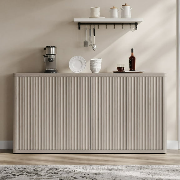 SICOTAS 66.3"W Large Kitchen Sideboard Buffet Cabinet with 4 Fluted Doors & Adjustable Shelves, Oversized Console Cabinet with Storage for Living Room, Coffee Bar Station for Dining Room, Light Grey