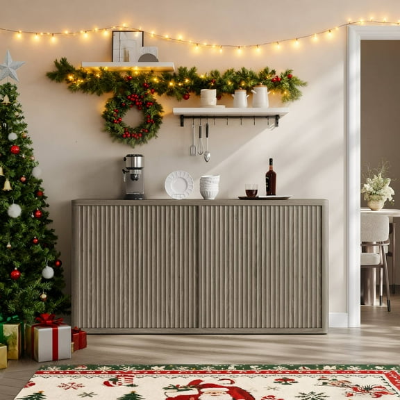 SICOTAS 66.3"W Large Kitchen Sideboard Buffet Cabinet 4 Fluted Doors & Adjustable Shelves, Console Cabinet with Storage for Living Room, Coffee Bar Station for Dining Room, Grey