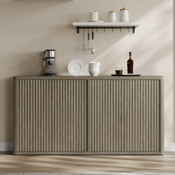 SICOTAS 66.3"W Large Kitchen Sideboard Buffet Cabinet 4 Fluted Doors & Adjustable Shelves, Console Cabinet with Storage for Living Room, Coffee Bar Station for Dining Room, Grey