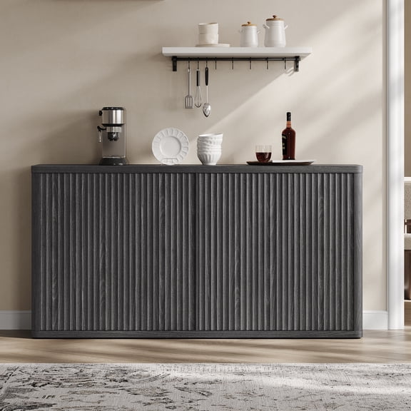 SICOTAS 66.3"W Large Kitchen Sideboard Buffet Cabinet with 4 Fluted Doors & Adjustable Shelves, Oversized Console Cabinet with Storage for Living Room, Coffee Bar Station for Dining Room, Black