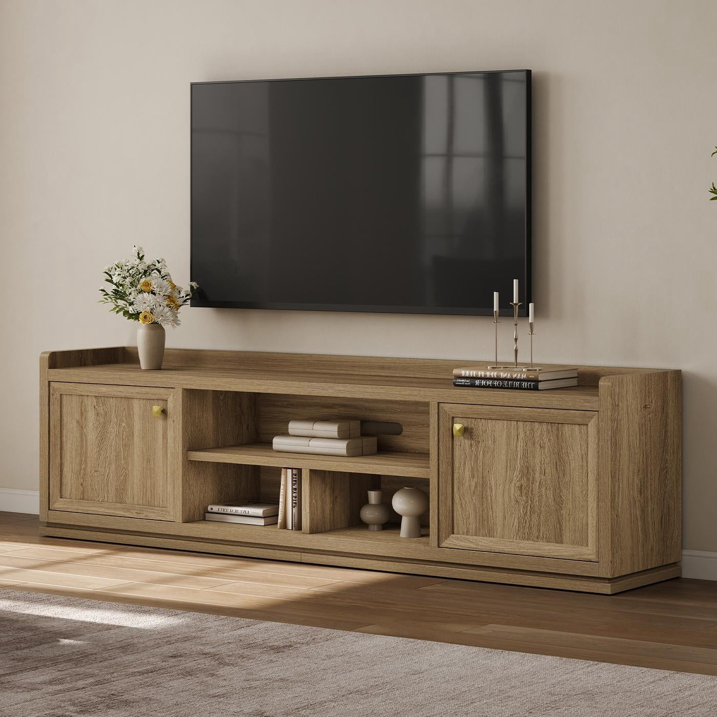 SICOTAS Farmhouse TV Stand for TVs up to 75", Entertainment Center with Storage Cabinets & Open Shelves, Wood TV Cabinet, Media Console Table for Living Room, Brown