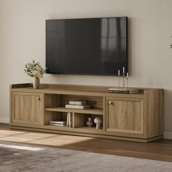 SICOTAS Farmhouse TV Stand for TVs up to 75", Entertainment Center with Storage Cabinets & Open Shelves, Wood TV Cabinet, Media Console Table for Living Room, Brown