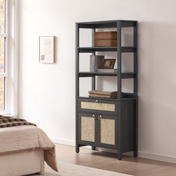 SICOTAS 68.5" Tall Rattan Bookshelf with Large Drawer & 2 Doors, Boho 5-Tier Bookcase with Adjustable Shelf, Display Storage Shelves for Living Room, Home Office, Black Oak