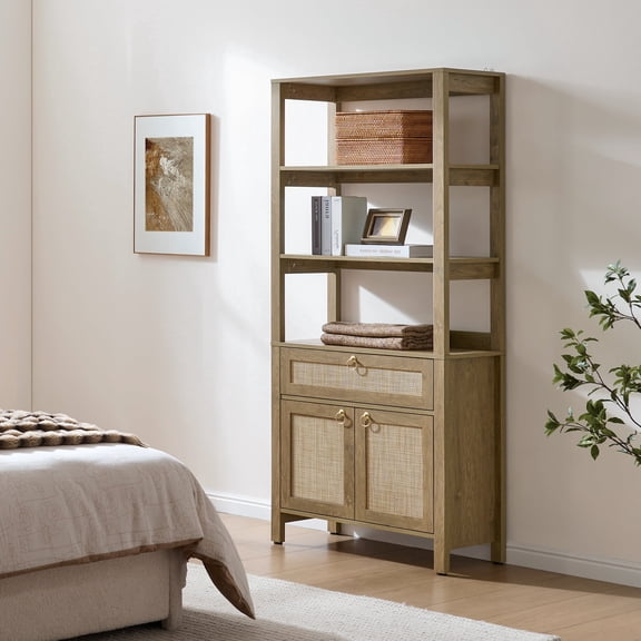 SICOTAS 68.5" Tall Rattan Bookshelf with Large Drawer & 2 Doors, Boho 5-Tier Bookcase with Adjustable Shelf, Display Storage Shelves for Living Room, Home Office, Natural Oak