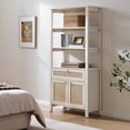 thumbnail image 1 of SICOTAS 68.5" Tall Rattan Bookshelf with Large Drawer & 2 Doors, Boho 5-Tier Bookcase with Adjustable Shelf, Display Storage Shelves for Living Room, Home Office, White Oak, 1 of 8